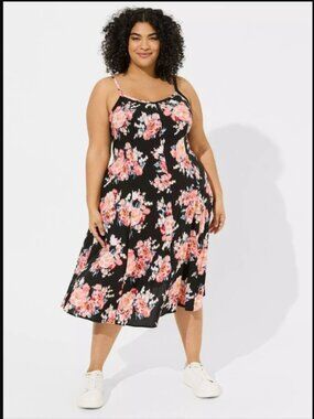 Torrid Floral Midi Challis Sleeveless Trapeze Dress 0 0X 12